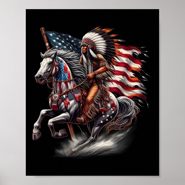 Native American Day Flag Indian Riding Horse 4. Ju Poster (Vorne)