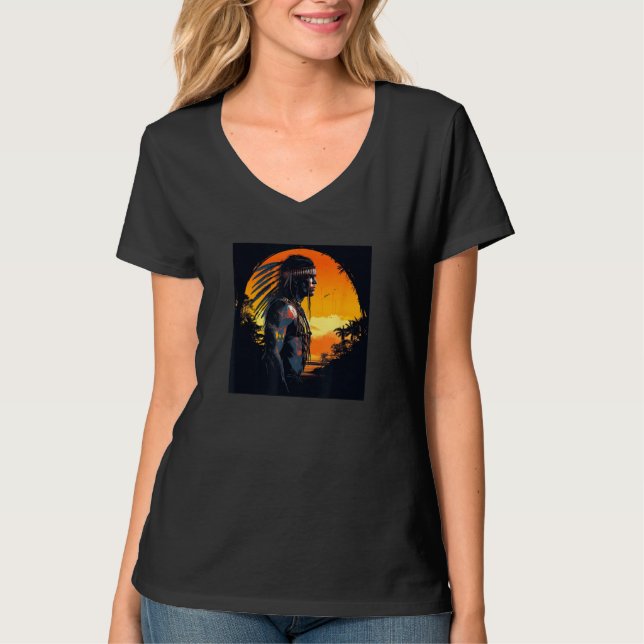 Native American Day Warrior Sunset Retro For Boys  T-Shirt (Vorderseite)