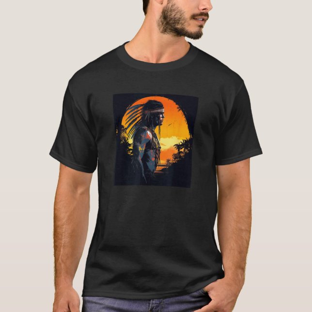 Native American Day Warrior Sunset Retro For Boys  T-Shirt (Vorderseite)