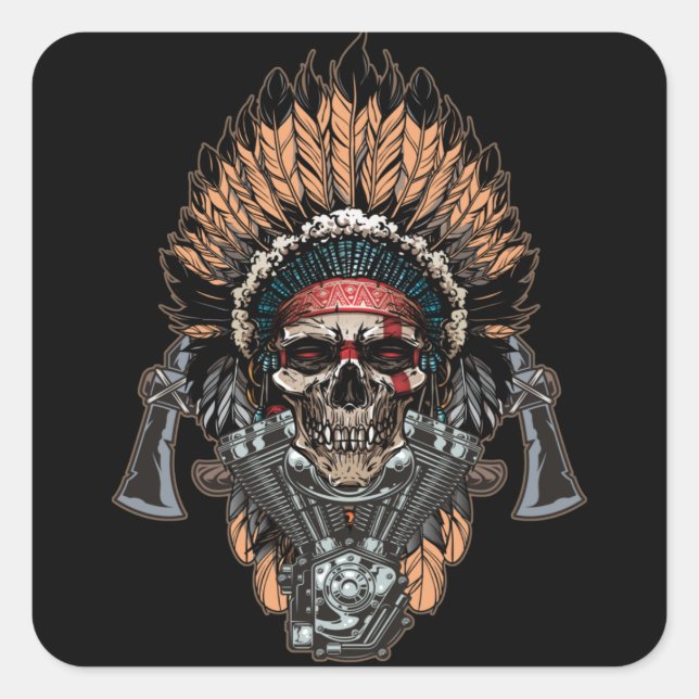 Native American Indian Chief Skull Motorcycle Quadratischer Aufkleber (Vorderseite)