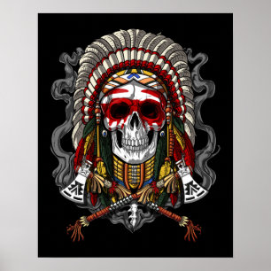 Native American Skull Indian Chief Headdress Poster