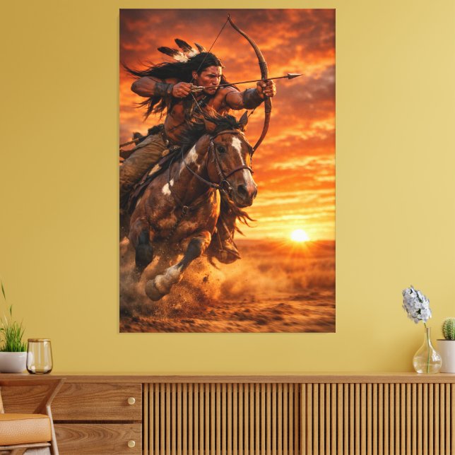 Native American Warrior Galloping Horse at Sunset Leinwanddruck (Insitu (Wohnzimmer))