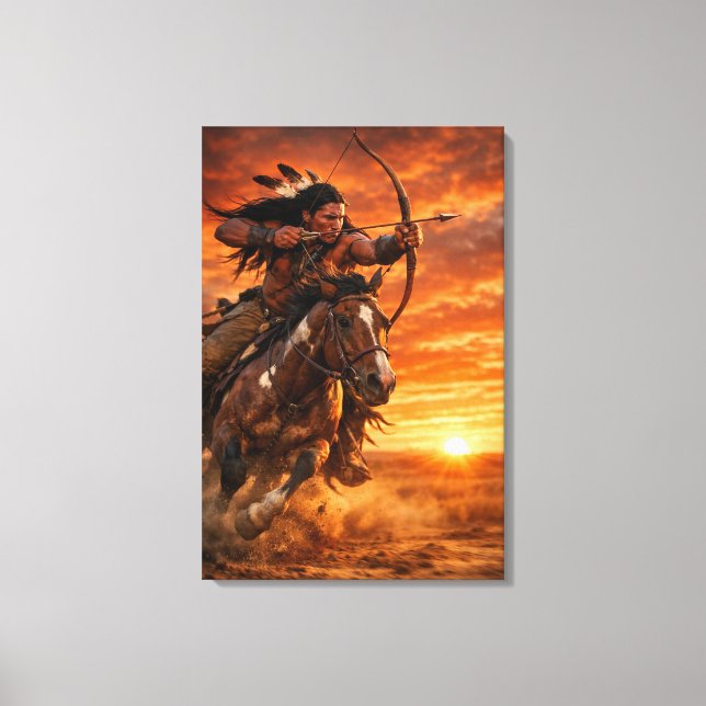 Native American Warrior on Galloping Horse Sunset Leinwanddruck (Vorderseite)