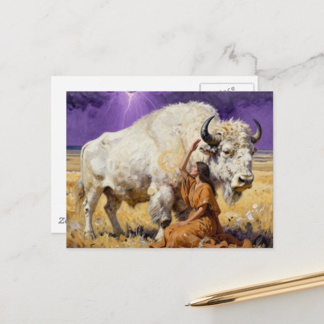 Native American Woman and a Sacred White Bison Postkarte (Vorderseite/Rückseite Beispiel)