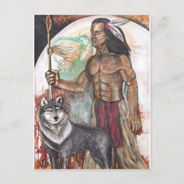 Native Amerikanische Ureinwohner & Wolf Postkarte (Vorderseite)