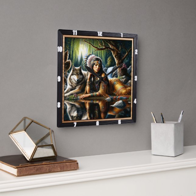 Native Earth Wolf Glade Guardian Still Quadratische Wanduhr (Büro)