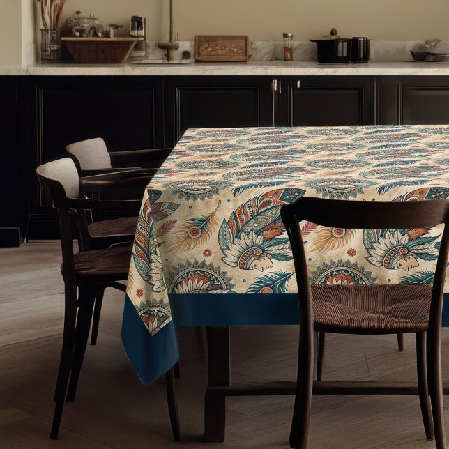 Native Ethnic Tribal Feathers pastellblaues Kupfer Tischdecke (Native Ethnic Tribal Feathers pastel blue copper Tablecloth)