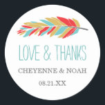 Native Themed | Hochzeit Danke, dass Sie Sticker b<br><div class="desc">Moderne Gemälde - sehen Sie die Feder oben in Gold,  Aqua und Rot. "Liebe und Dank" in aqua (kann aber angepasst werden). Ideal für den amerikanischen Ureinwohner,  die rustikale Natur oder das Erlebnisthema.</div>