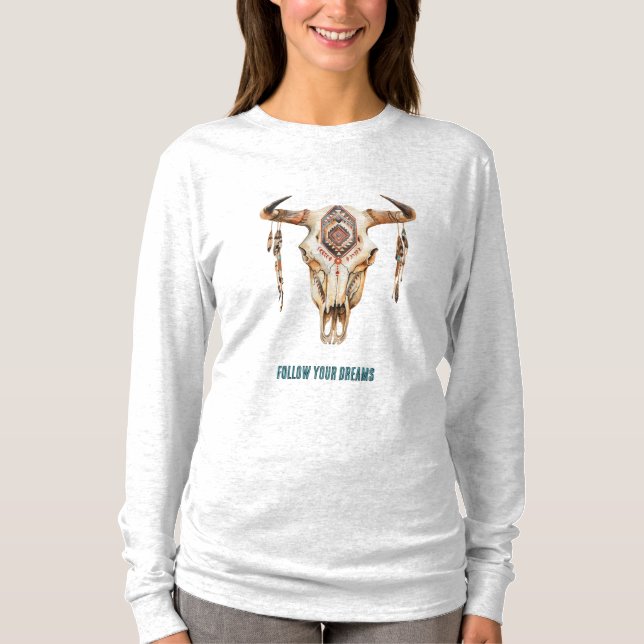 Native Tribal Bull Horns Skull T-Shirt (Vorderseite)