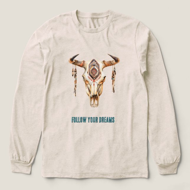 Native Tribal Bull Horns Skull Tri-Blend Shirt (Design Vorderseite)