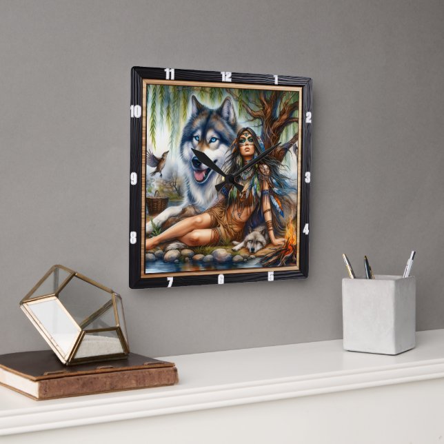 Native Twilight Tale: Gentle Watch Calm Quadratische Wanduhr (Büro)