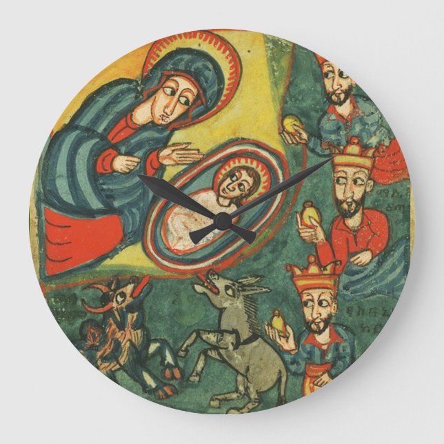 NATIVITÄTSCHRISTMAS PARCHMENT , ANNAHME VON MAGI GROßE WANDUHR (Vorderseite)