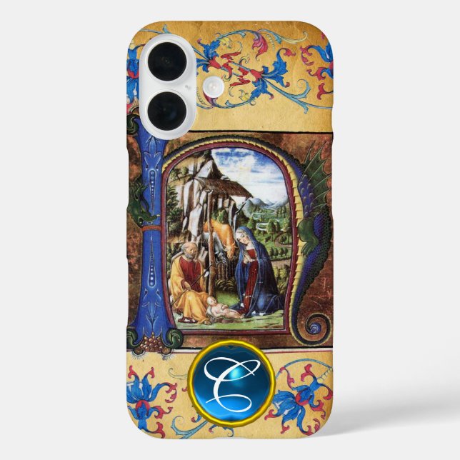 NATIVITÄTSCHRISTMAS PARCHMENT BLUE GEM MONOGRAM Case-Mate iPhone HÜLLE (Rückseite)