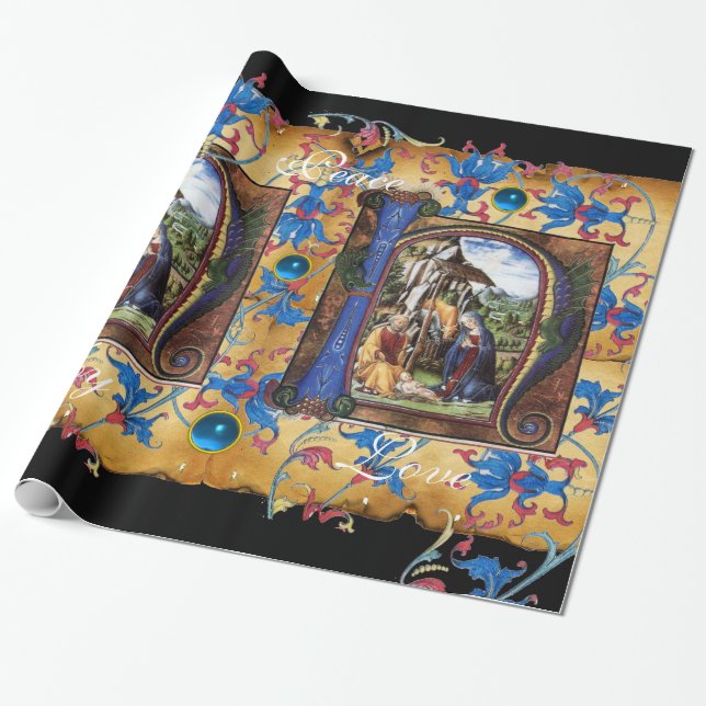 NATIVITÄTSMONOGRAMM FLORAL CHRISTMAS PARCHMENT GESCHENKPAPIER (Ungerollt)