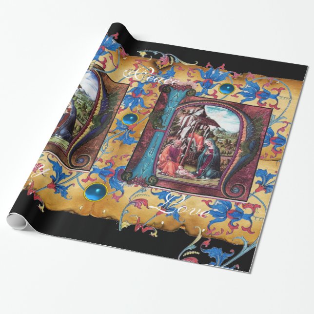 NATIVITÄTSMONOGRAMM FLORAL CHRISTMAS PARCHMENT GESCHENKPAPIER (Ungerollt)