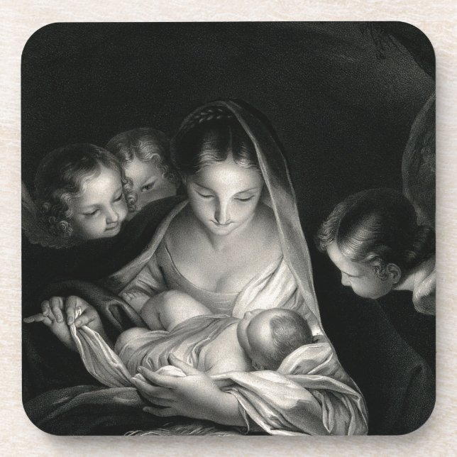 Nativity Baby Jesus Virgin Mary Angels Black White Getränkeuntersetzer (Vorderseite)