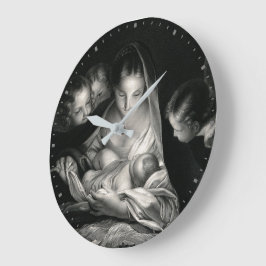 Nativity Baby Jesus Virgin Mary Angels Black White Große Wanduhr