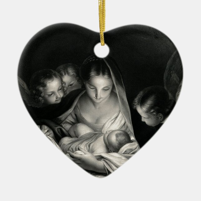 Nativity Baby Jesus Virgin Mary Angels Black White Keramik Ornament (Vorne)