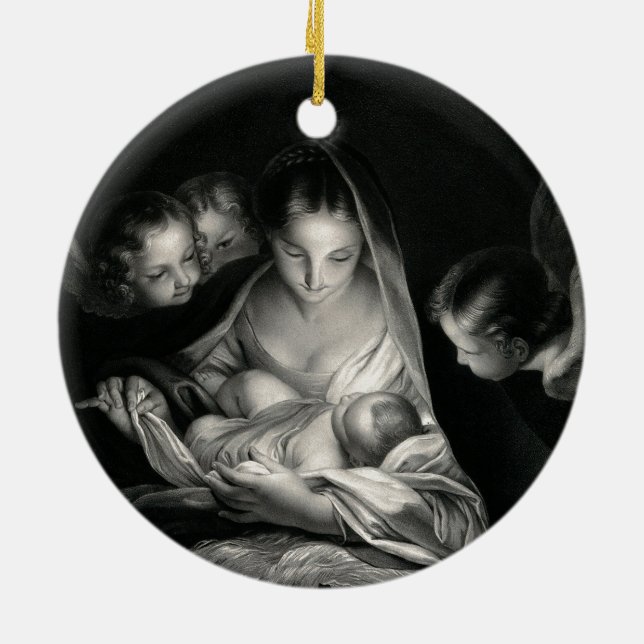Nativity Baby Jesus Virgin Mary Angels Black White Keramikornament (Hinten)