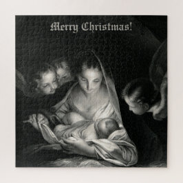 Nativity Baby Jesus Virgin Mary Angels Black White Puzzle