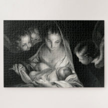 Nativity Baby Jesus Virgin Mary Angels Black White