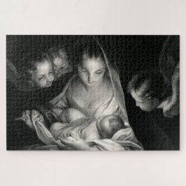 Nativity Baby Jesus Virgin Mary Angels Black White Puzzle