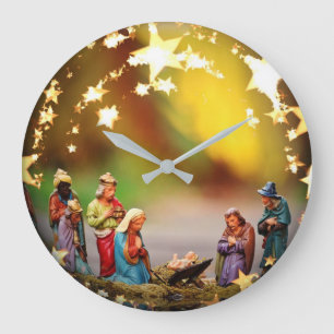 Nativity Crib Virgin Mary Jesus Stars Christmas Große Wanduhr