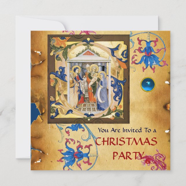 NATIVITY FLORAL CHRISTMAS PARCHMAS MIT BLUE GEM EINLADUNG (Vorderseite)