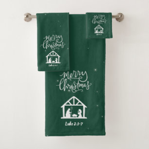 Nativity Merry Christmas Green Badhandtuch Set