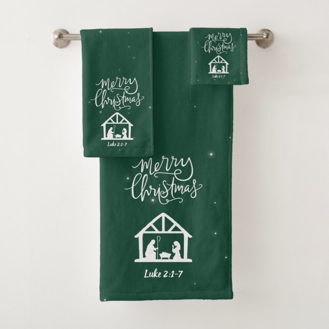 Nativity Merry Christmas Green Badhandtuch Set (Insitu)
