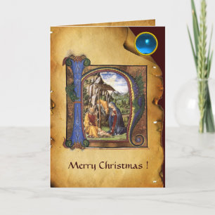NATIVITY MONOGRAM CHRISTMAS PARCHMAS Blaues Spiel Feiertagskarte