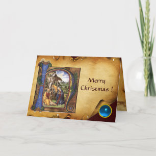 NATIVITY MONOGRAM CHRISTMAS PARCHMAS Blaues Spiel Feiertagskarte