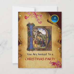 NATIVITY MONOGRAM CHRISTMAS PARCHMENT Blaues Gem I Einladung