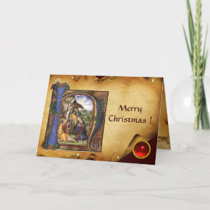 NATIVITY MONOGRAM CHRISTMAS PARCHMENT Red Ruby Gem Feiertagskarte