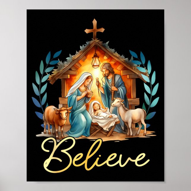 Nativity Scene Believe Christian Xmas Family Merry Poster (Vorne)