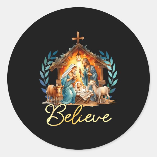 Nativity Scene Believe Christian Xmas Family Merry Runder Aufkleber (Vorderseite)