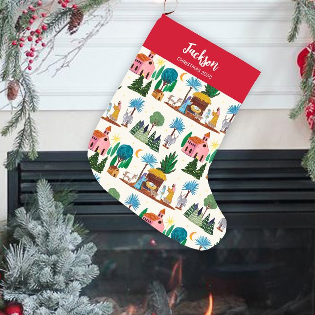 Nativity Scene Ecru Hand drawn Christmas Großer Weihnachtsstrumpf (Nativity Scene Ecru Hand drawn Christmas Large Christmas Stocking)