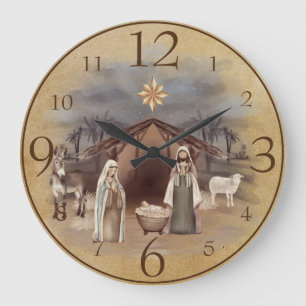 Nativity Scene on Brown Rustic Parchment Große Wanduhr