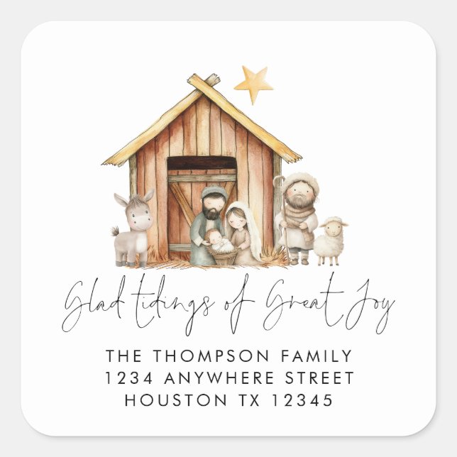 Nativity Stable Scene Carol Texte Rücksendeadresse Quadratischer Aufkleber (Vorderseite)