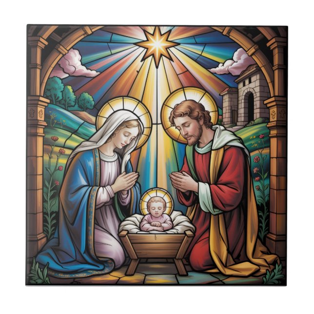 Nativity Stained Glass Art – Holy Family Christmas Fliese (Vorderseite)