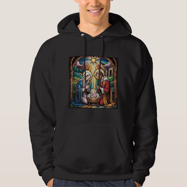 Nativity Stained Glass Art – Holy Family Christmas Hoodie (Vorderseite)
