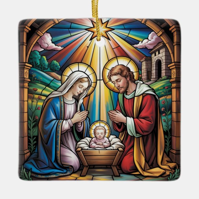 Nativity Stained Glass Art – Holy Family Christmas Keramikornament (Vorderseite)