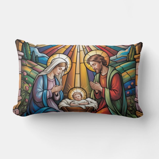 Nativity Stained Glass Art – Holy Family Christmas Lendenkissen (Vorderseite)