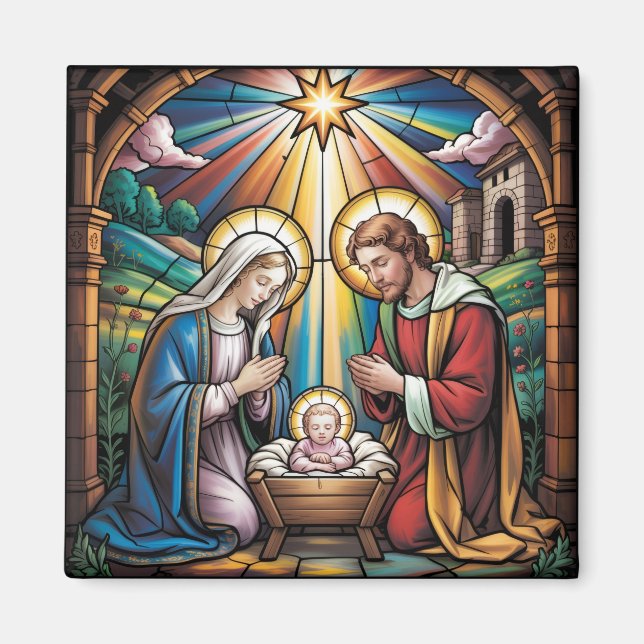 Nativity Stained Glass Art – Holy Family Christmas Magnet (Vorne)