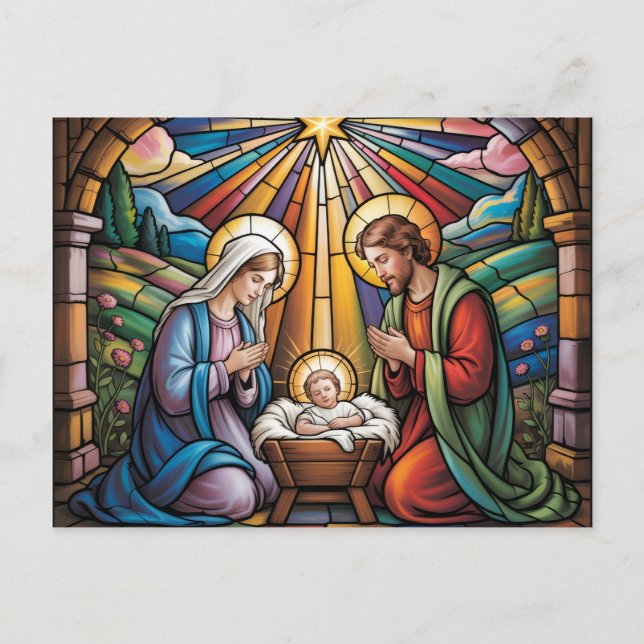 Nativity Stained Glass Art – Holy Family Christmas Postkarte (Vorderseite)