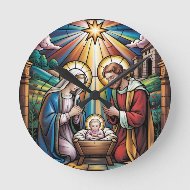 Nativity Stained Glass Art – Holy Family Christmas Runde Wanduhr (Vorderseite)