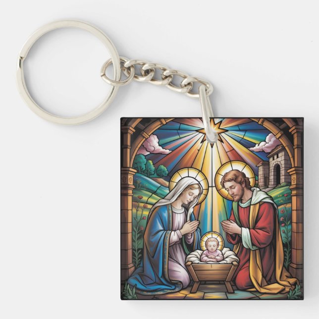Nativity Stained Glass Art – Holy Family Christmas Schlüsselanhänger (Vorderseite)