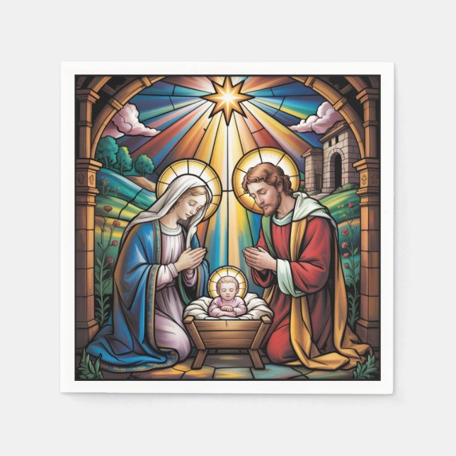 Nativity Stained Glass Art – Holy Family Christmas Serviette (Vorderseite)