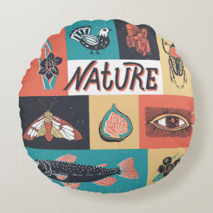 Natur-Elemente, Retro-Stil Icons. Rundes Kissen