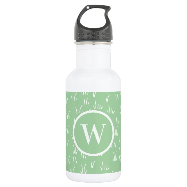 Natur | Green Grass Pattern & Monogramm Edelstahlflasche (Vorderseite)